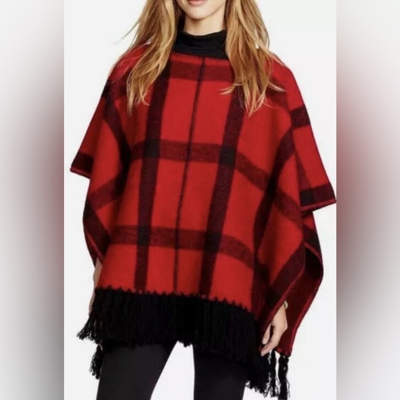 Lauren Ralph Lauren Jackets & Blazers - Vtg Ralph Lauren Country Wool Red Plaid Pop-over Cape Poncho Fringe Small/Medium